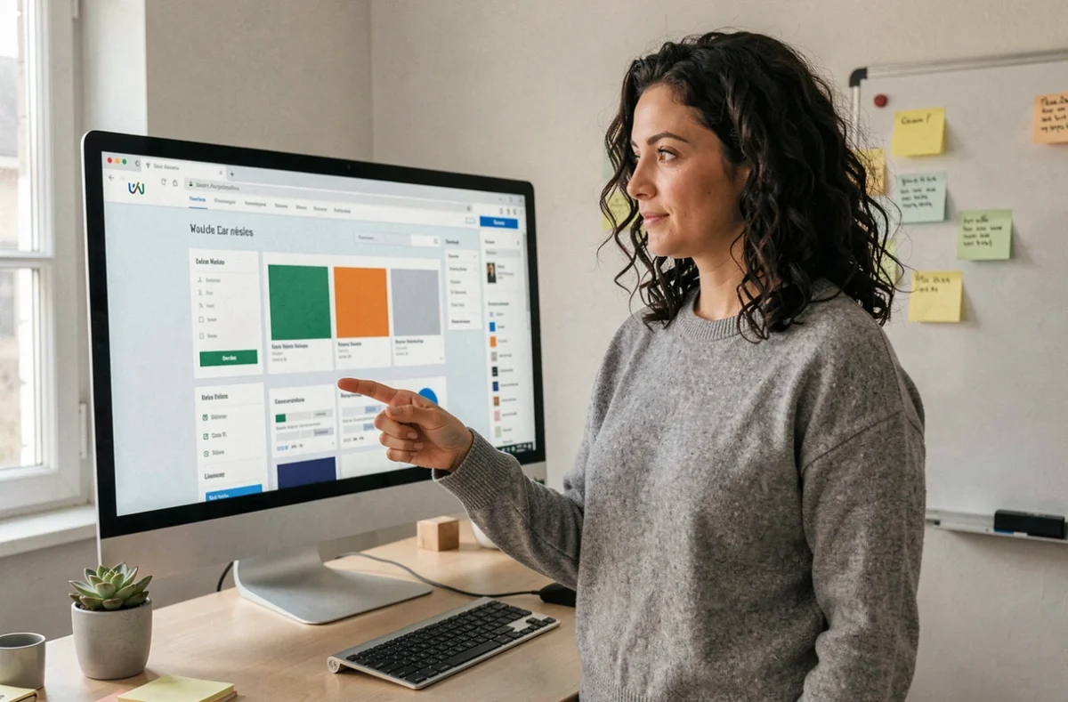 Designer web de l'agence NeedWeb présentant une maquette de site responsive sur grand écran dans un bureau créatif