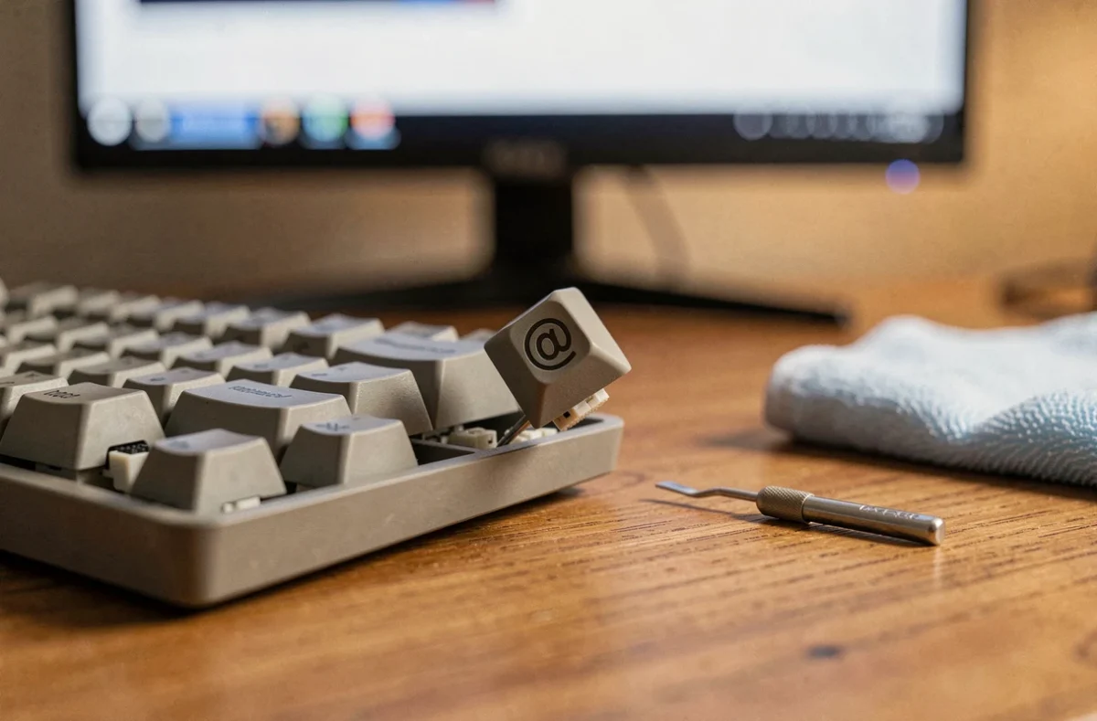 Touche arobase d'un clavier mécanique soulevée pour nettoyage avec un outil de retrait de touche