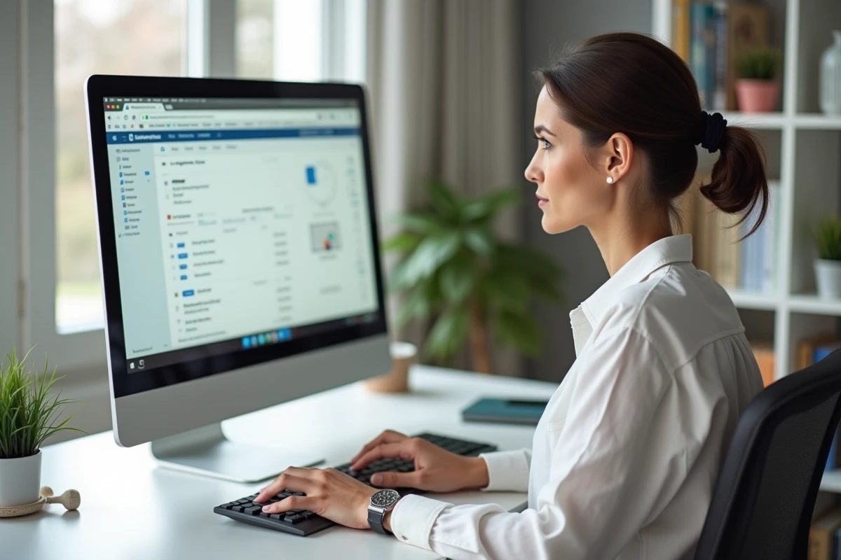 Femme testant la vitesse de son webmail Free sur un ordinateur de bureau dans un bureau à domicile moderne