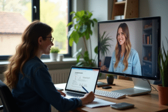 Personne prenant des notes sur un ordinateur lors d'un appel vidéo dans un bureau moderne