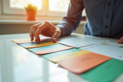 Personne arrangeant des cartes de données colorées sur un bureau lumineux