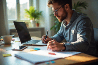 Personne concentrée travaillant sur un ordinateur et notant des idées de mots clés