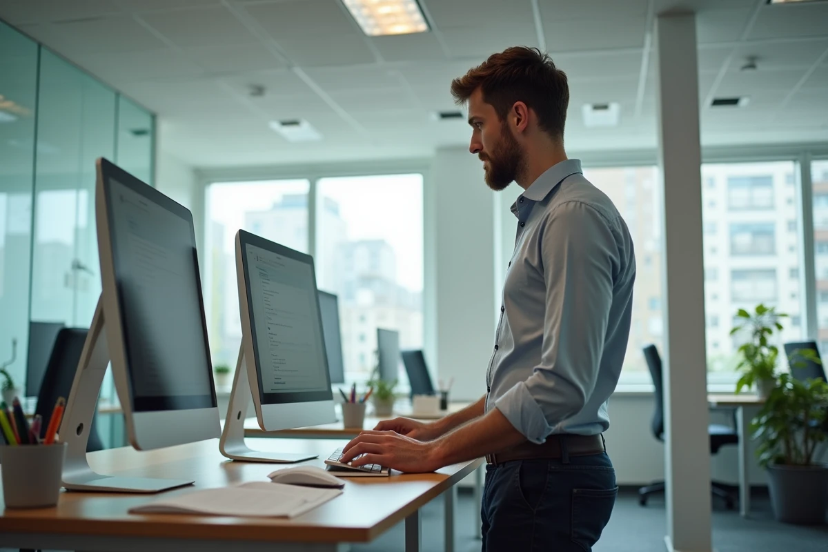 Professeur consultant ses courriels professionnels sur un ordinateur de bureau dans un bureau scolaire moderne