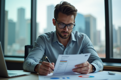 Jeune homme professionnel examinant une facture dans un bureau moderne