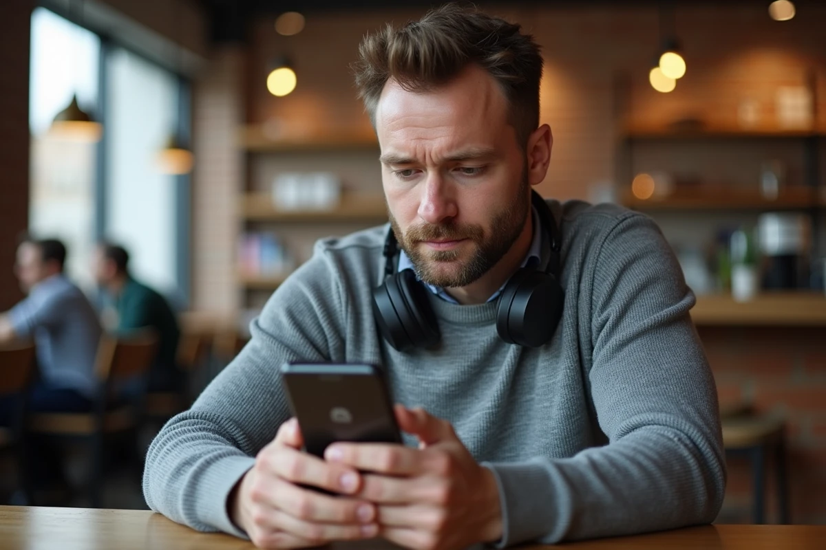 Homme utilisant un VPN sur smartphone dans un café pour protéger sa vie privée lors de téléchargements en ligne