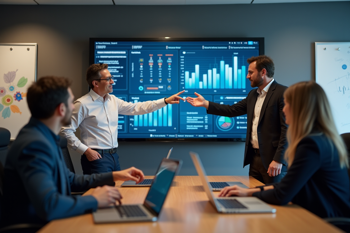 Groupe de professionnels discutant autour d un écran digital en réunion