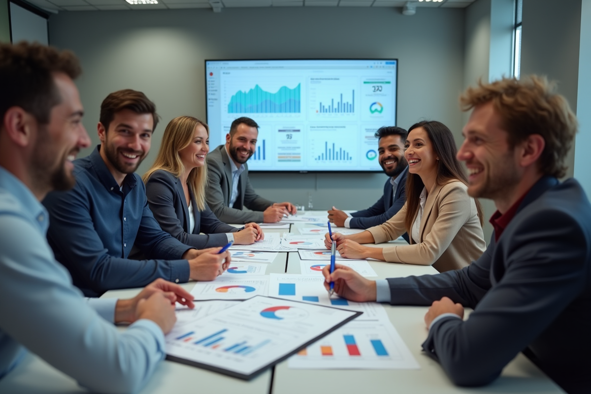 Groupe de professionnels discutant de graphiques et données marketing en réunion