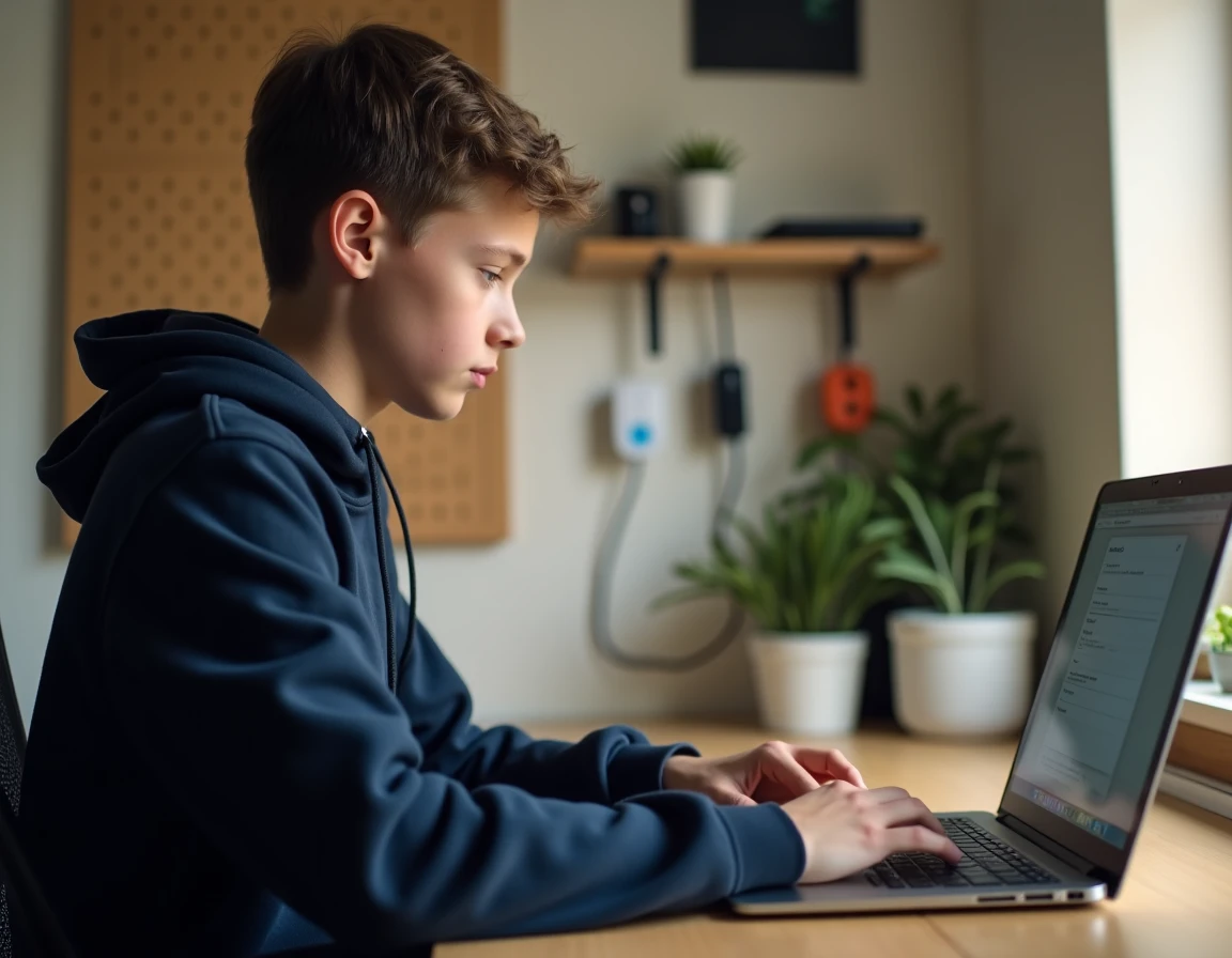 Adolescent saisissant le mot de passe WiFi par défaut de la Freebox sur un ordinateur portable