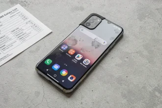Samsung Galaxy S24 reconditionné posé sur une surface en béton gris avec une fiche technique visible en arrière-plan