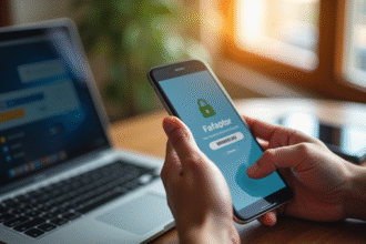 Mains tenant un smartphone avec code 2FA sur fond de laptop