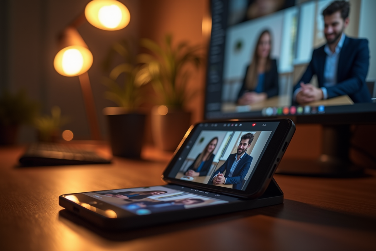 Smartphone enregistrant un appel vidéo de groupe sur un écran d