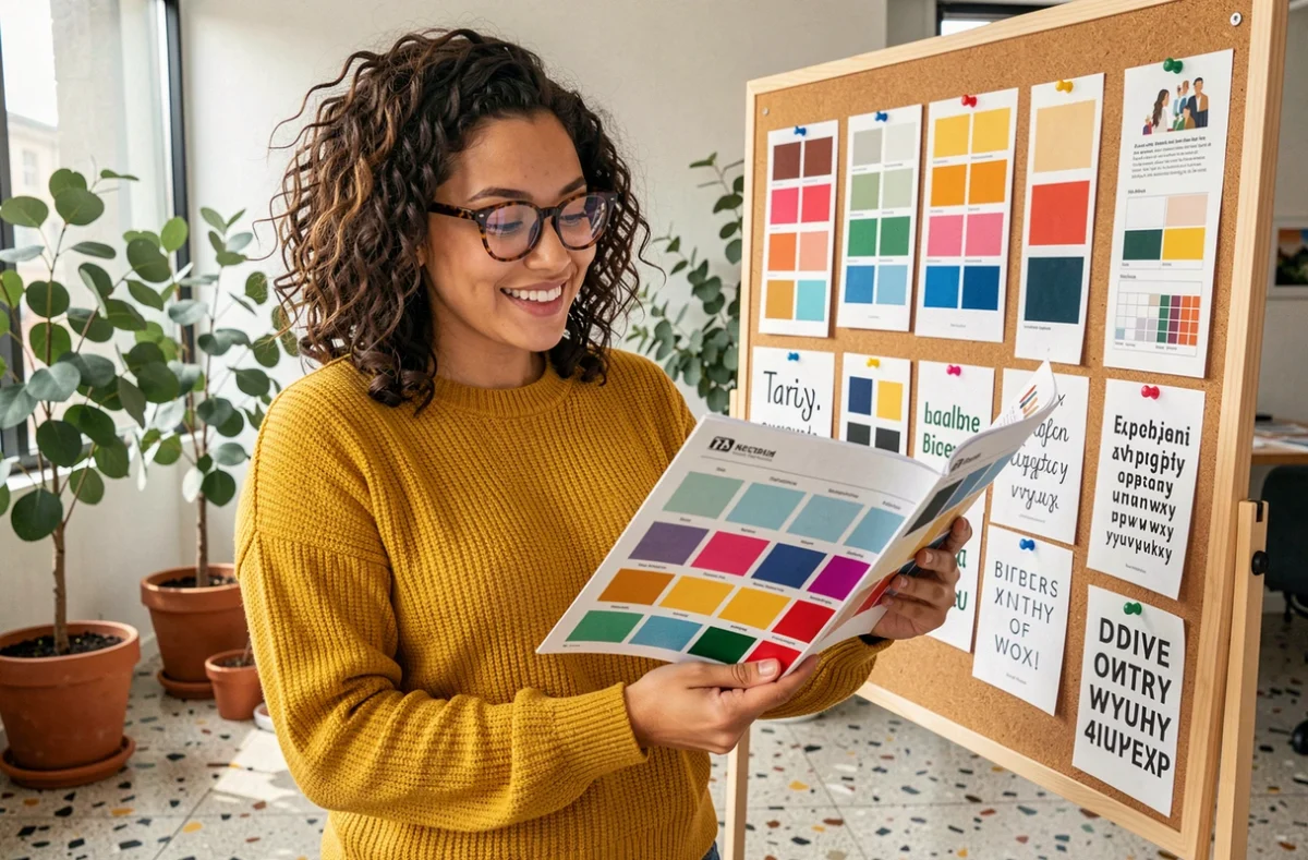 Graphiste de l'agence Snazzy présentant un guide de style de marque coloré dans un studio créatif