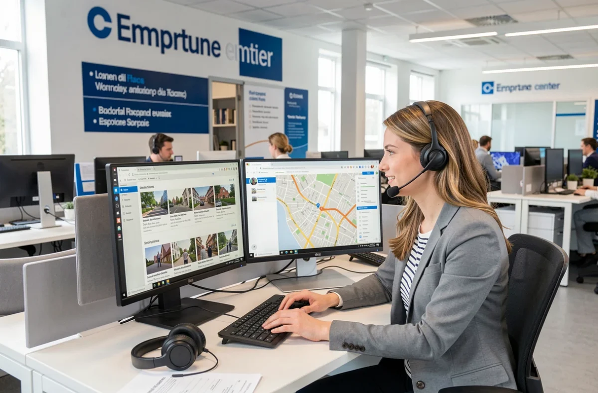Chargée de compte Solocal analysant un rapport de présence numérique locale dans un grand bureau corporate français