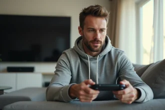 Homme tenant la console portable Sony pour PS5 dans un salon moderne, illustrant l'usage nomade de la PlayStation Portable