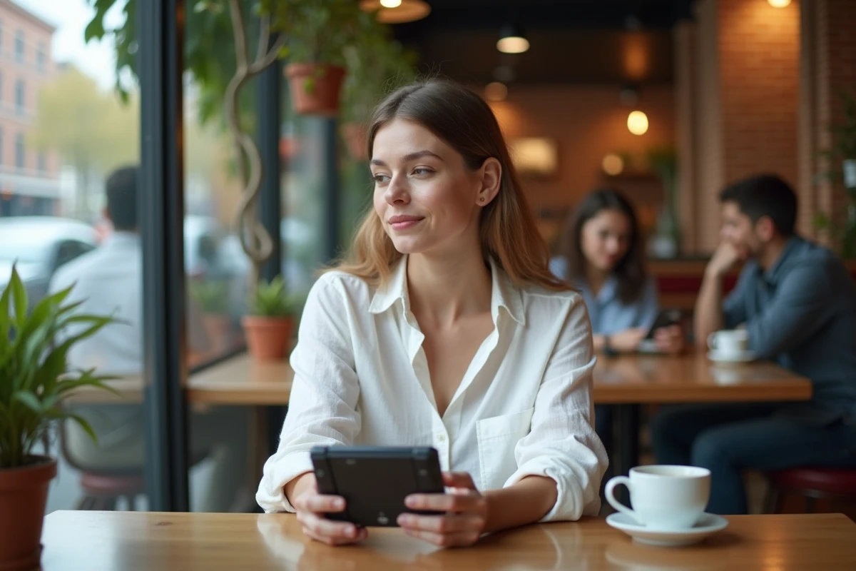Femme utilisant la console portable PS5 dans un café urbain, démontrant la portabilité et les usages nomades de la Sony PlayStation Portable