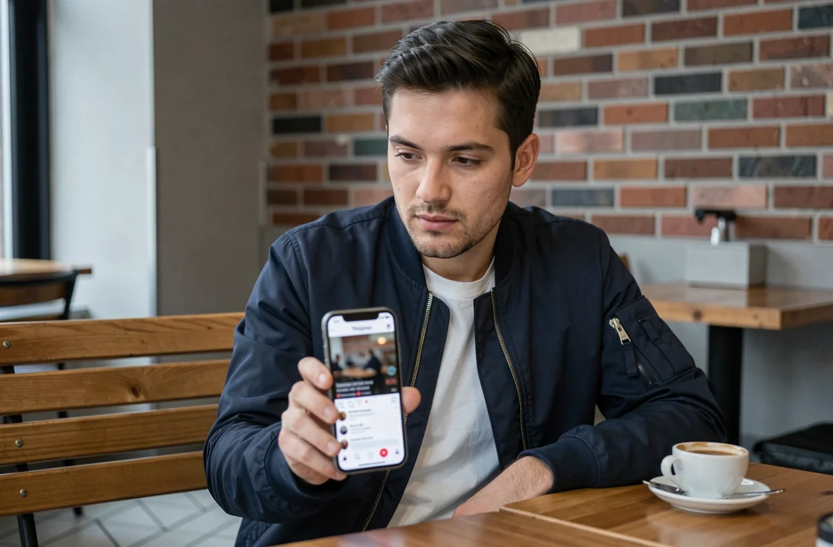 Homme consultant des stories Instagram sur smartphone dans un café urbain contemporain