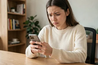 Jeune femme frustrée regardant un message d'erreur sur son smartphone indiquant qu'une story Instagram n'est pas disponible
