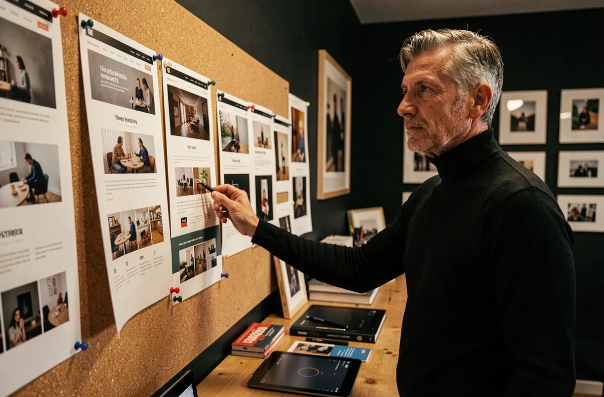 Directeur artistique de Studio Belmonte examinant des maquettes web imprimées dans un studio de design au style artisanal