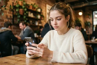 Jeune femme consultant discrètement son smartphone dans un café pour surveiller une story Snapchat anonymement