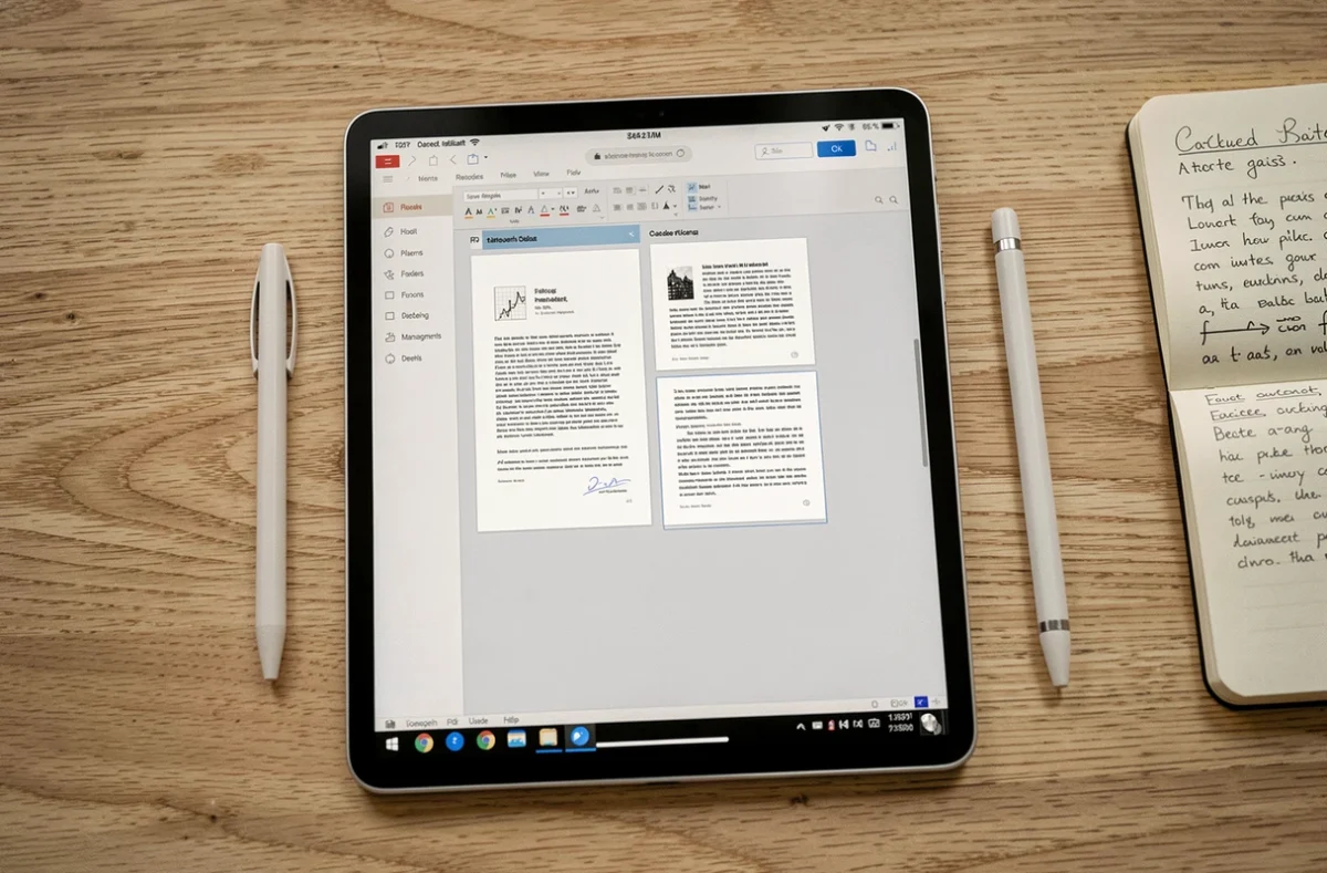 Vue de dessus d'une tablette affichant un logiciel de suppression de pages PDF avec un stylet et un carnet de notes