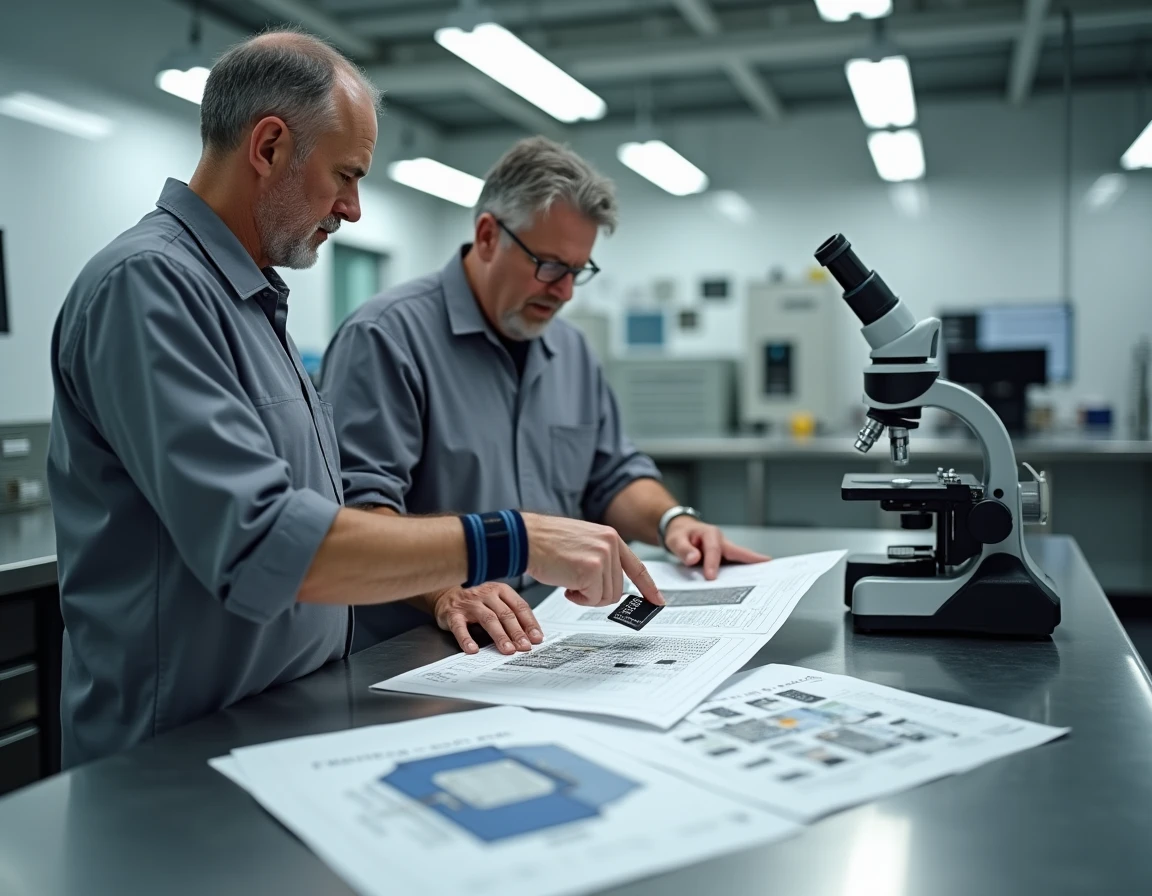 Deux techniciens comparant des échantillons de matériaux et des fiches techniques pour la conception de circuits imprimés sur un établi professionnel