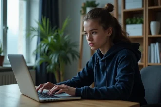 Femme utilisant un ordinateur portable pour télécharger de la musique de manière anonyme et sécurisée