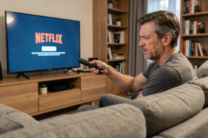 Homme tenant une télécommande Free Pop pointée vers un écran Netflix bloqué dans un salon moderne