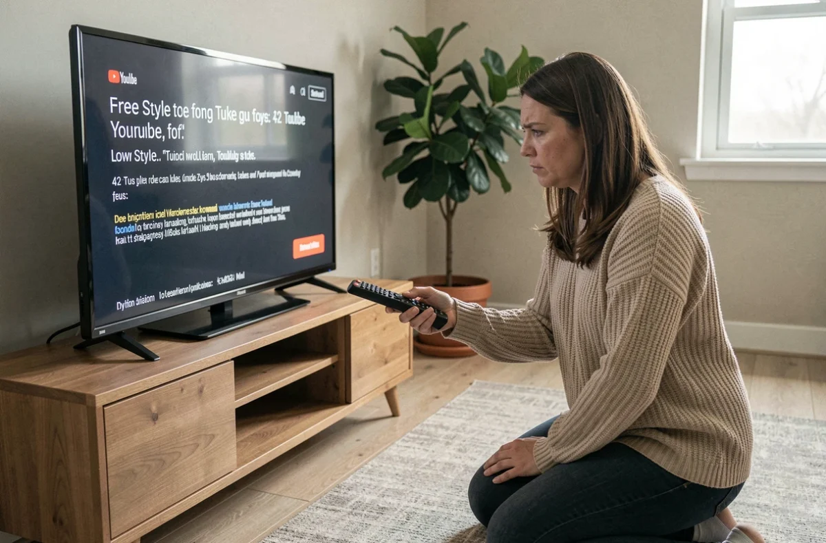 Femme vérifiant la télécommande Free Pop face à une erreur YouTube sur sa télévision à domicile