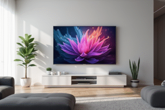 Télévision moderne affichant des images 4K dans un salon lumineux