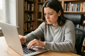 Femme frustrée appuyant sur la touche arobase d'un clavier d'ordinateur portable qui ne fonctionne pas