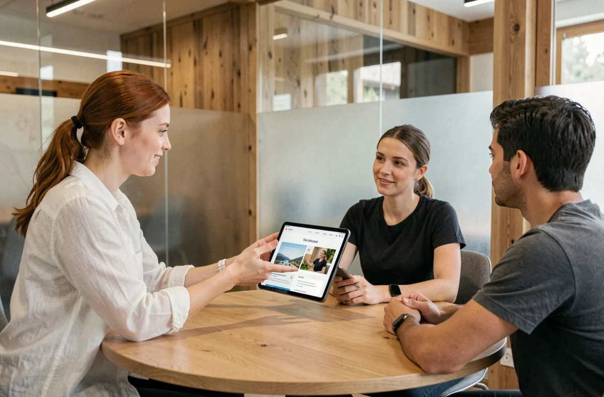 Équipe de l'agence Tyseo présentant une maquette de site web responsive lors d'une réunion de travail