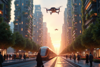 Ville futuriste avec gratte-ciel jardins et drones en action