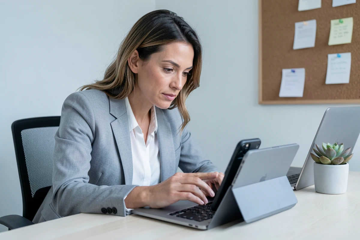 Femme au bureau consultant anonymement une story Snapchat sur son smartphone depuis son espace de travail à domicile