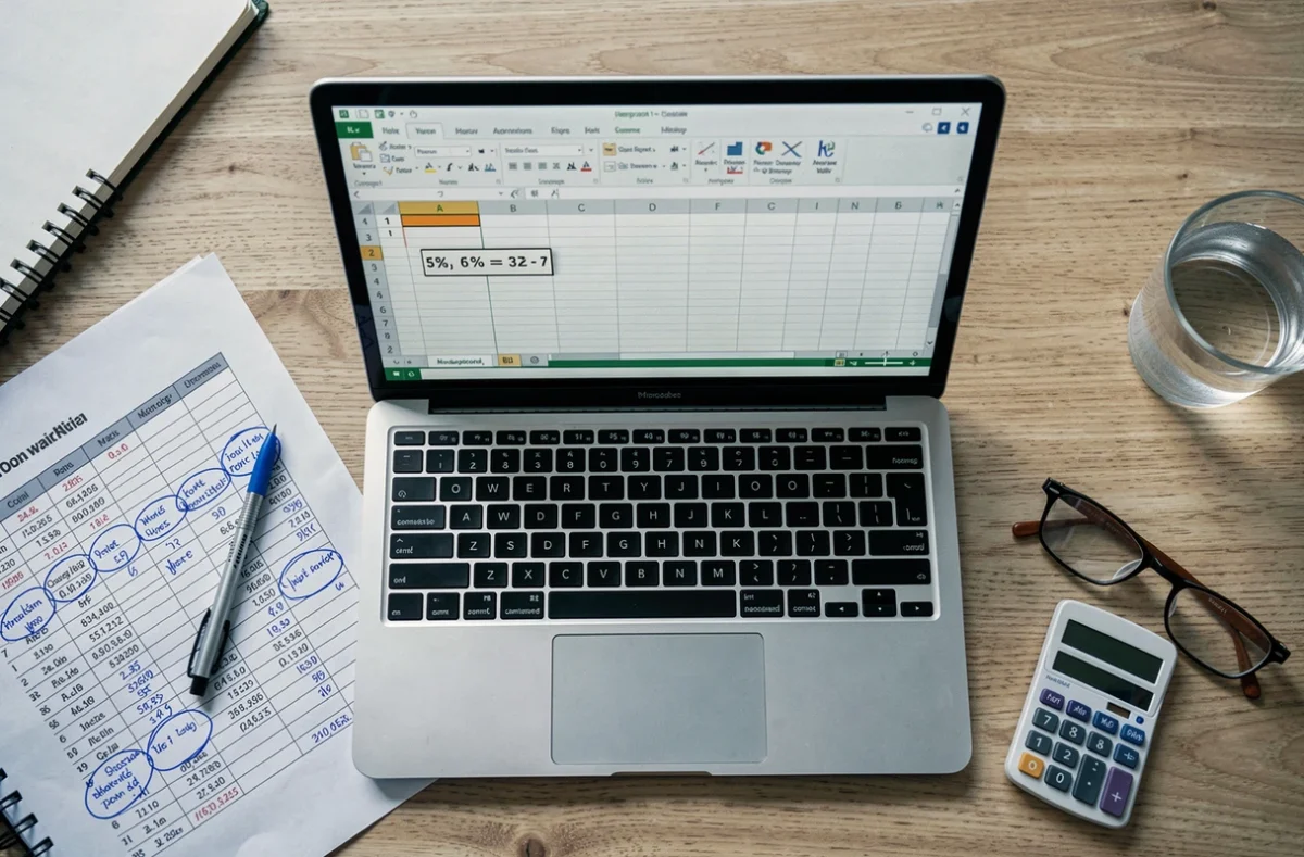 Vue aérienne d'un bureau avec un ordinateur portable ouvert sur Excel montrant une formule de calcul de pourcentage entourée d'annotations manuscrites et d'outils de travail