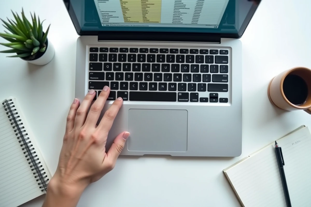 Vue aérienne d'un ordinateur portable avec un tableau Excel ouvert montrant des cellules en doublon surlignées