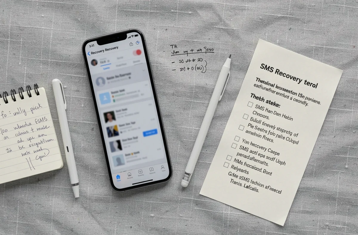 Vue aérienne d'un iPhone avec des notes manuscrites sur la récupération de SMS, sur fond de lin gris