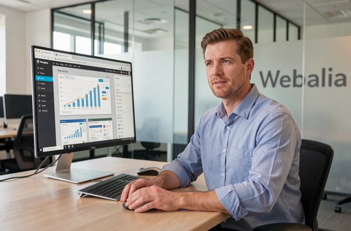 Stratège digital de Webalia analysant les performances d'un site WordPress sur un grand écran dans un bureau moderne