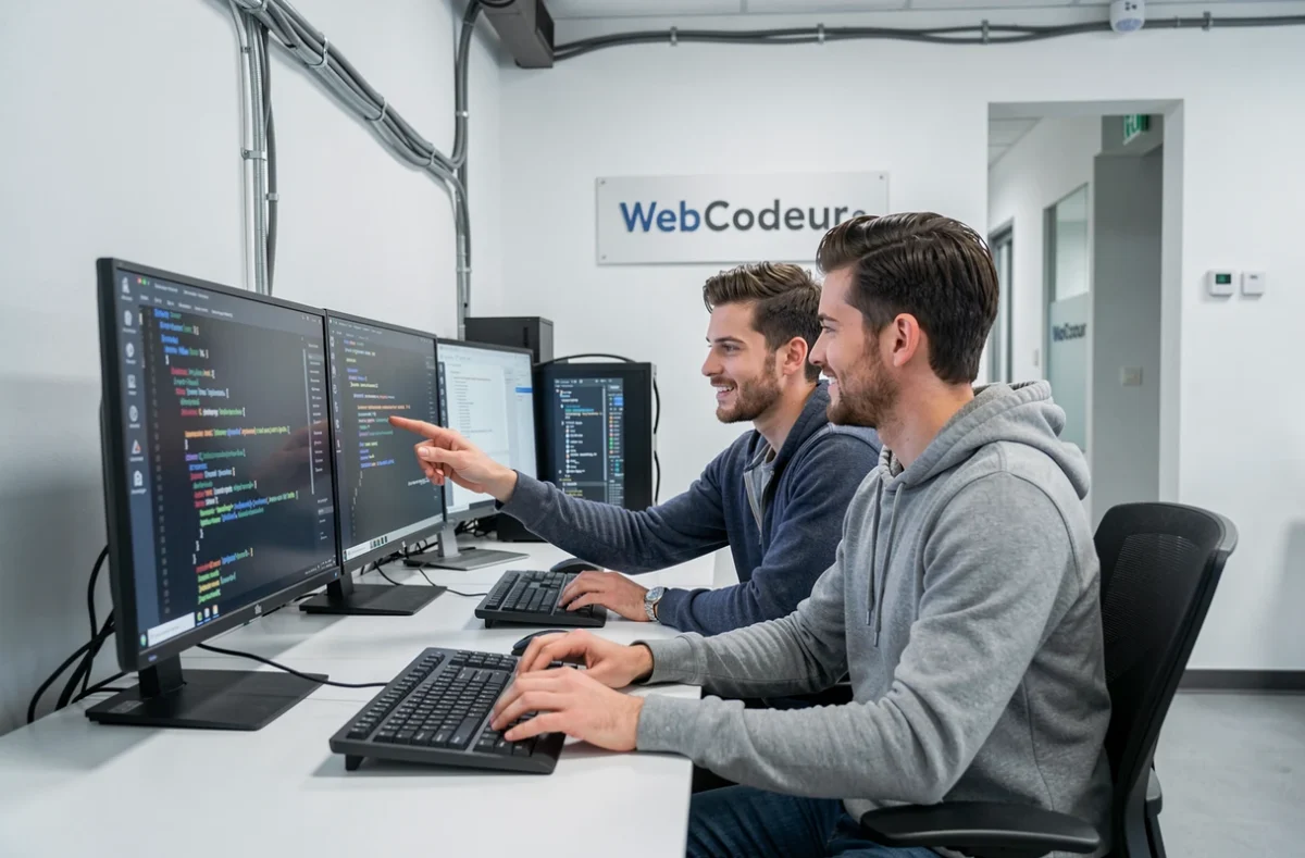Deux développeurs de WebCodeur collaborant sur du code WordPress dans un bureau minimaliste et moderne