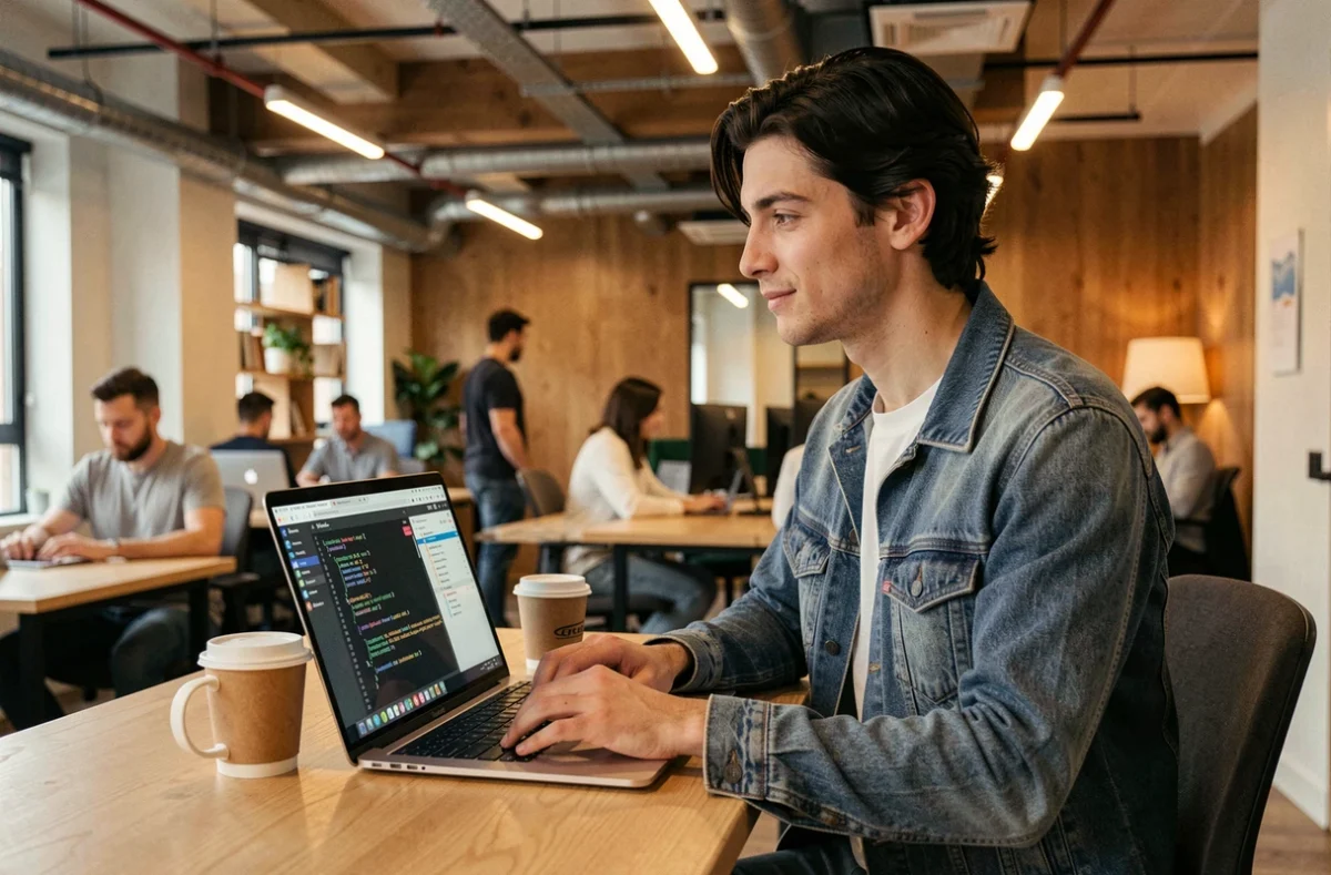 Développeur indépendant Yacine F. d'UtopicLabs codant dans un espace de co-working moderne avec laptop et environnement de développement